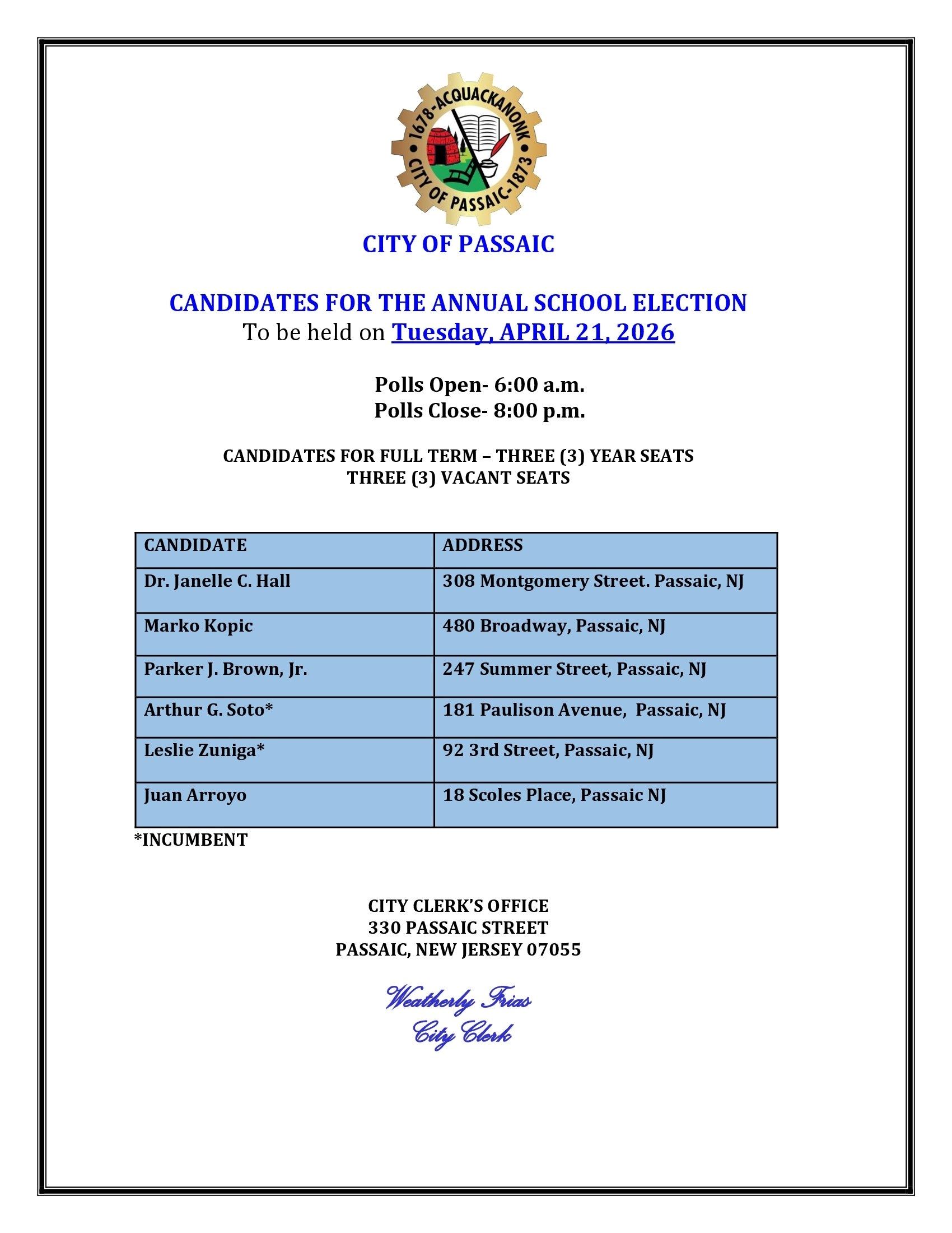 Candidates For The Annual School Election